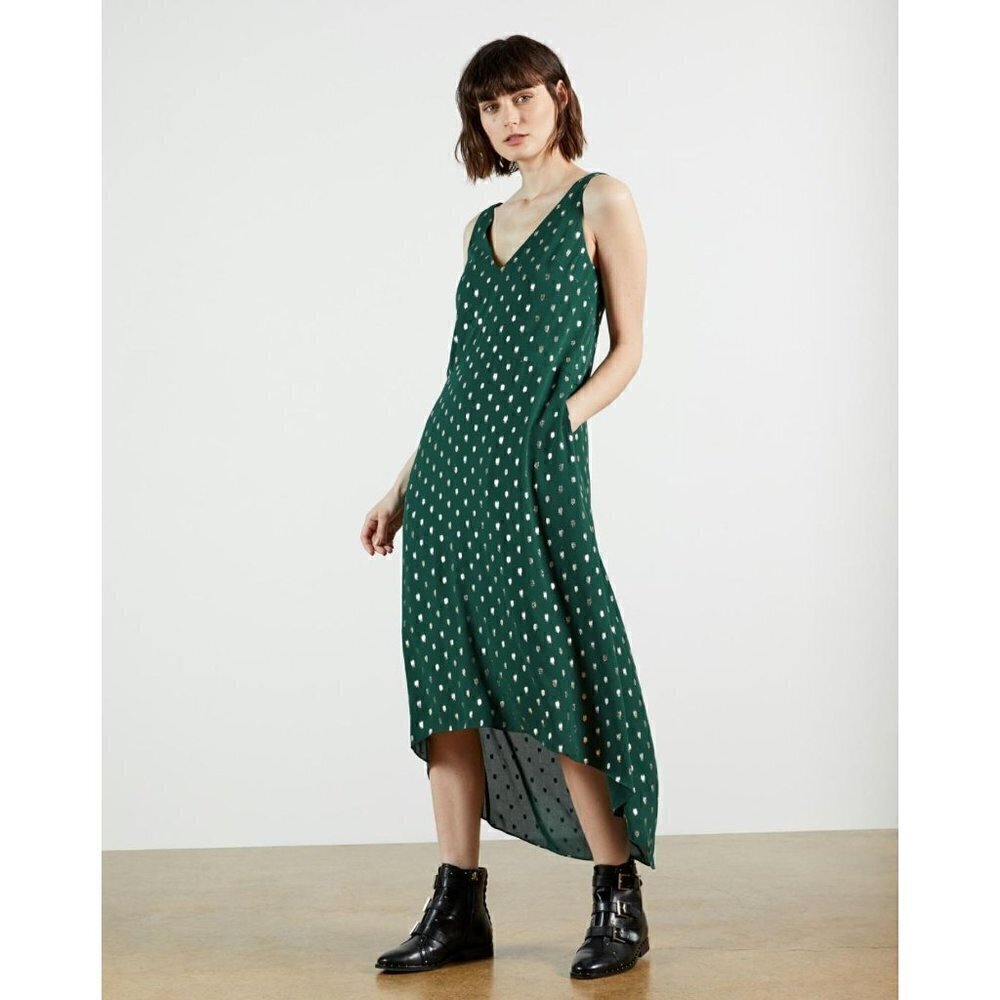 Ted Baker Cami Metallic Dot High/Low Shift Dress Green Womens Size 1 US 4